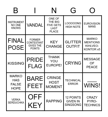 Euroviisu 2023 Bingo Card