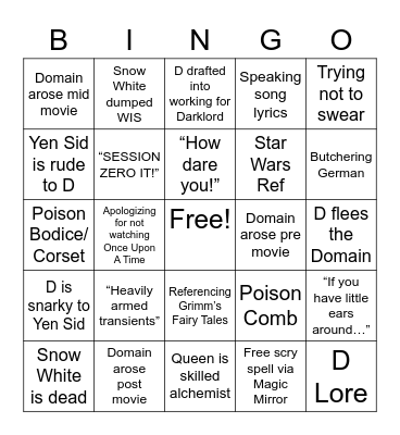 WWoDL Snow White and the Seven Dwarves Bingo Card