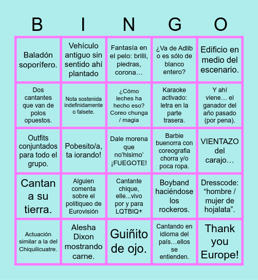 EUROVISION SONG CONTEST 2023 Bingo Card