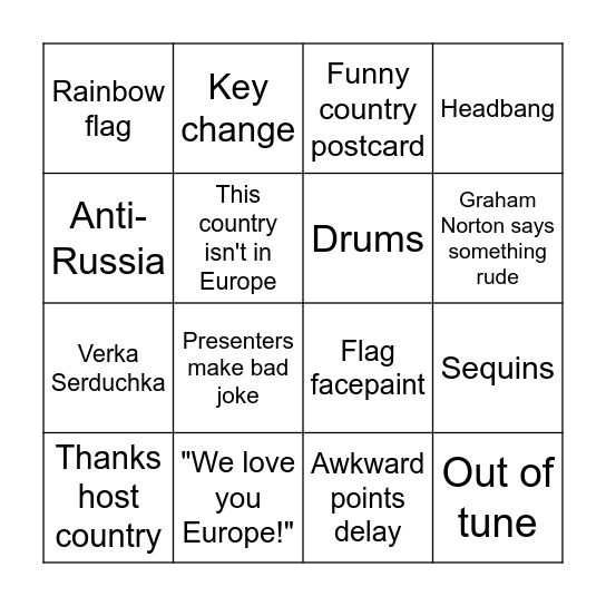 Eurovision Bingo Card