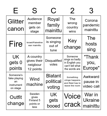 ESC 2023 BINGO Card