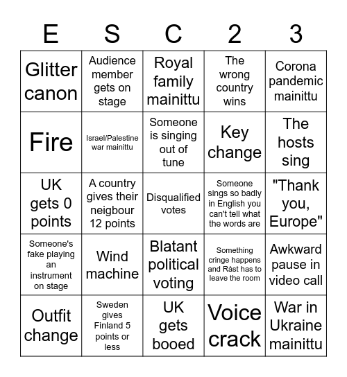 ESC 2023 BINGO Card