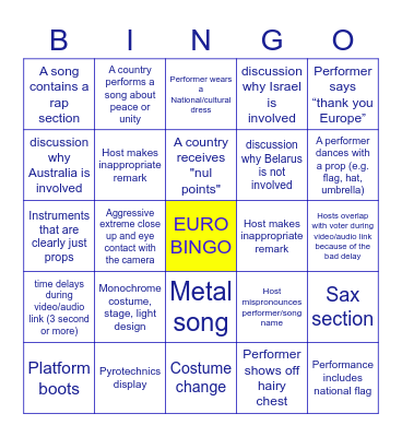 EUROVISION BINGO Card