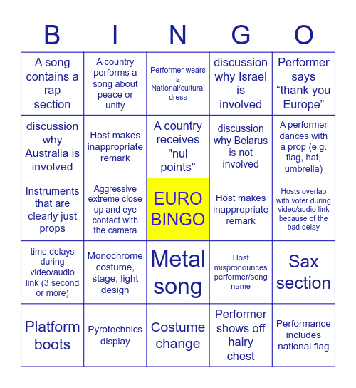 EUROVISION BINGO Card