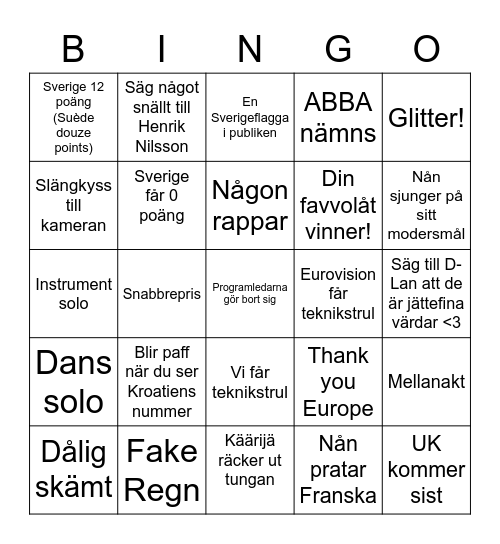 Eurovision på D-Lan Bingo Card