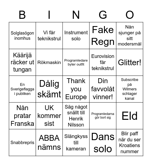 Eurovision D-Lan Bingo Card