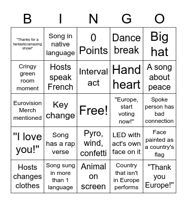 Eurovision 2023 Bingo Card