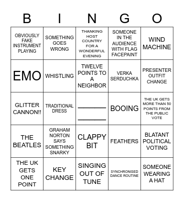 Eurovision 2023 Bingo Card