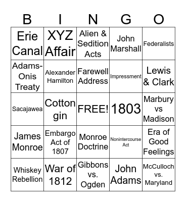Early Republic Bingo Card
