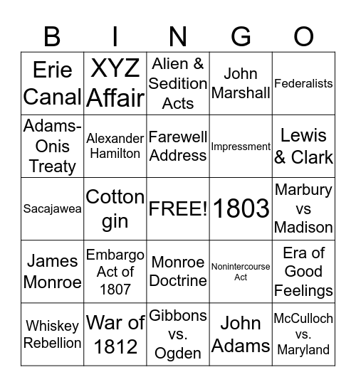 Early Republic Bingo Card