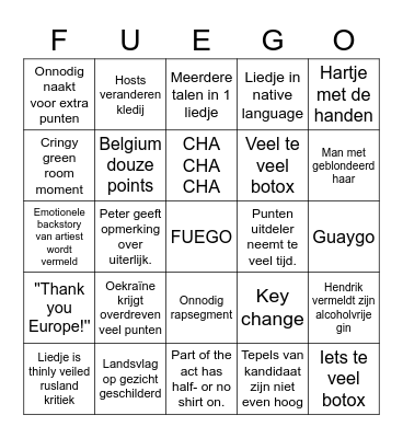 Eurovision 2023 Bingo Card