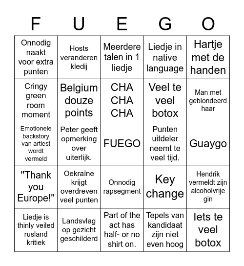 Eurovision 2023 Bingo Card