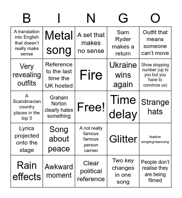 Eurovision Bingo Card