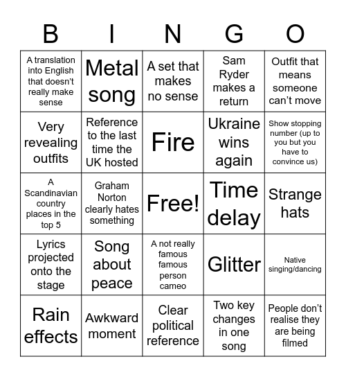 Eurovision Bingo Card