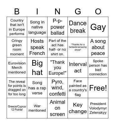 Eurovision 2023 Bingo Card