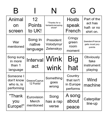 Eurovision 2023 Bingo Card