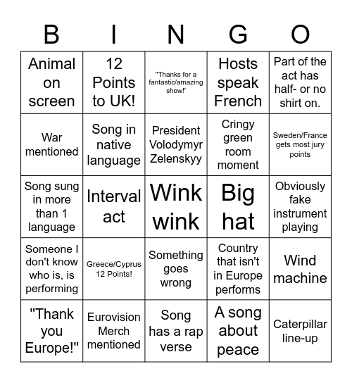 Eurovision 2023 Bingo Card