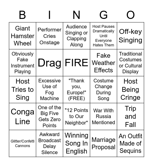 Eurovision 2023 Bingo Card