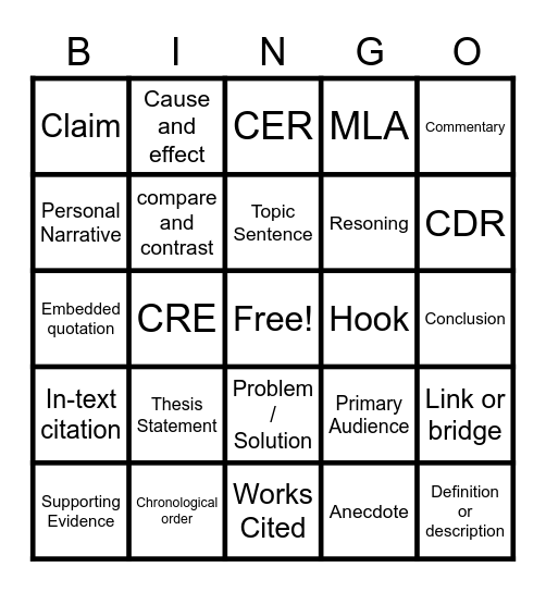 Writing Bingo Card