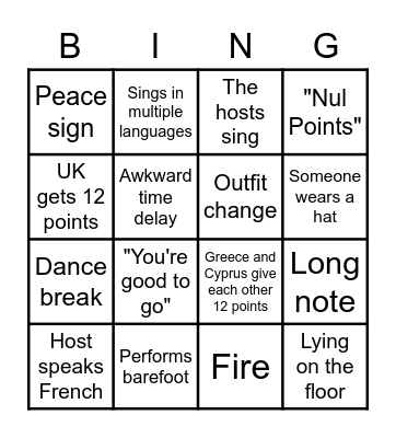 Eurovision Bingo Card