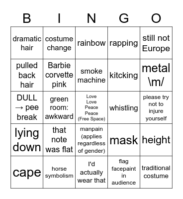 Eurovision Bingo Card