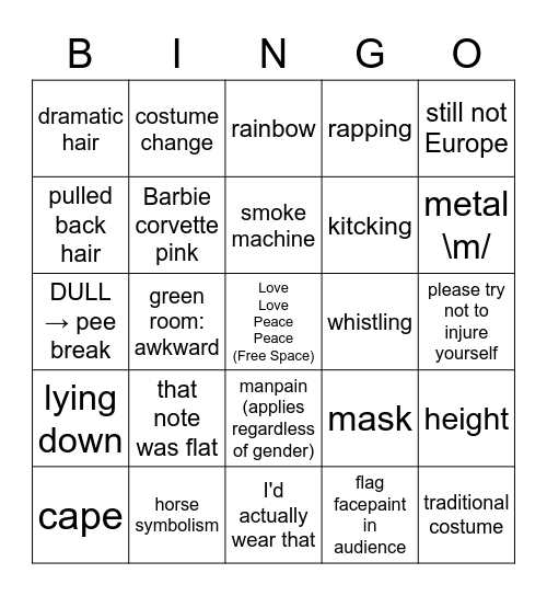 Eurovision Bingo Card