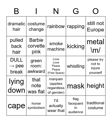 Eurovision Bingo Card