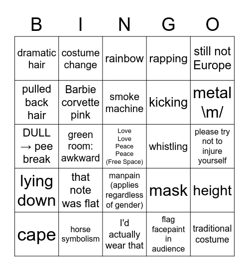 Eurovision Bingo Card