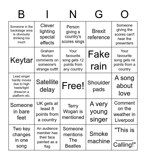 Eurovision Bingo Card