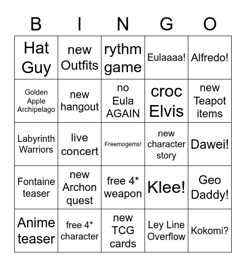 Genshin 3.8 Livestream bingo Card