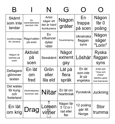 Eurovision Bingo Card