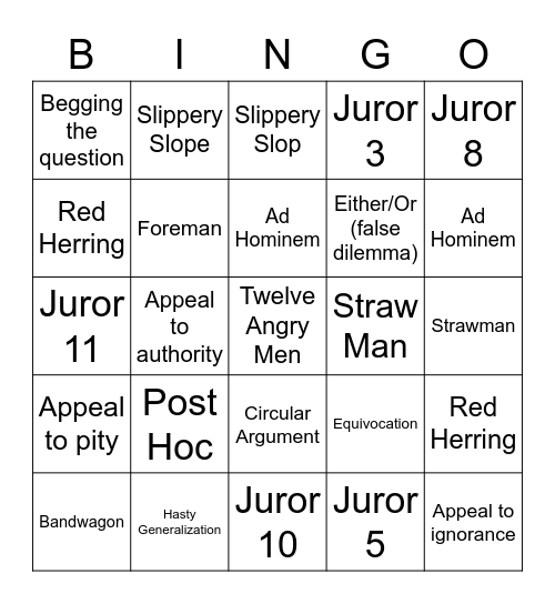 12 Angry Men Bingo Card