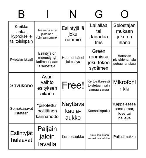 Euroviisut Bingo Card