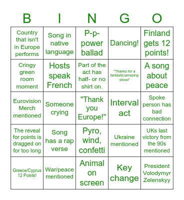 Eurovision 2023 Bingo Card