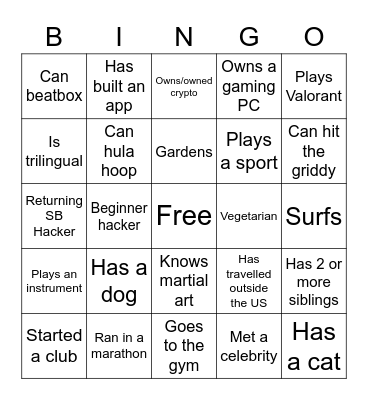 SB Hacks IX Teammate Bingo Card