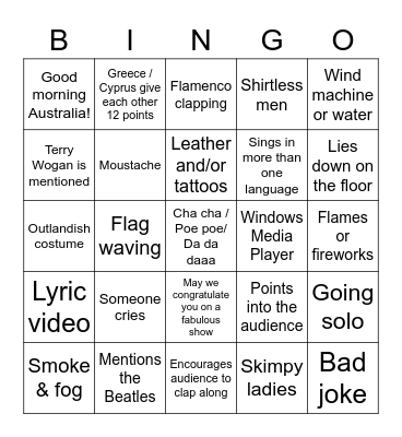 Eurovision 2023 Bingo Card