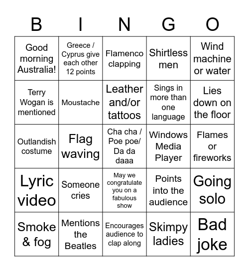 Eurovision 2023 Bingo Card