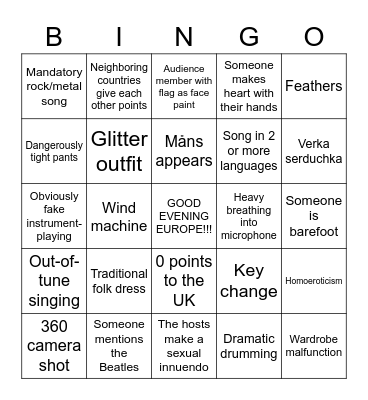 Eurovision 2023 Bingo Card