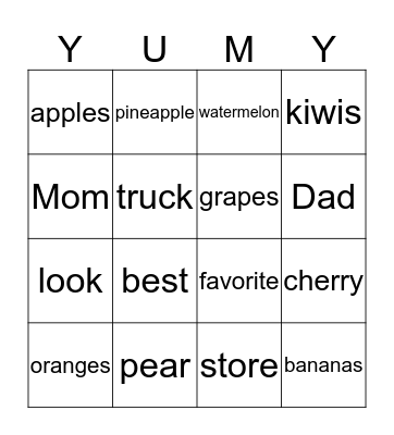 Fruit!!! Bingo Card