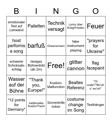 Eurovision Song Contest 2023 Bingo Card