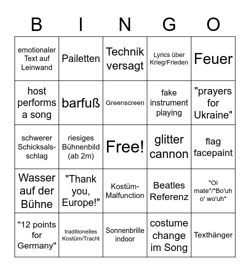 Eurovision Song Contest 2023 Bingo Card