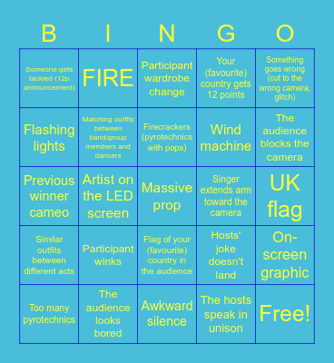 Eurovision 2023 Final Bingo Card