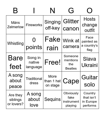 Eurovision bingo Card