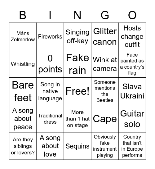 Eurovision bingo Card
