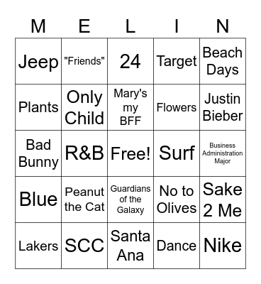 It's All About Melina Bingo Card