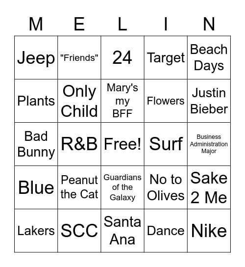 It's All About Melina Bingo Card