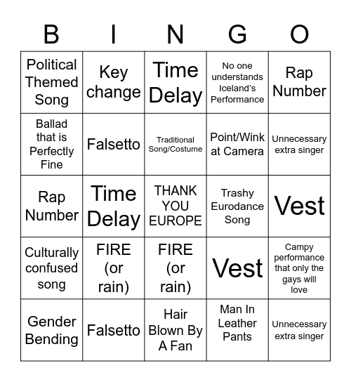 Eurovision 2023 Bingo Card