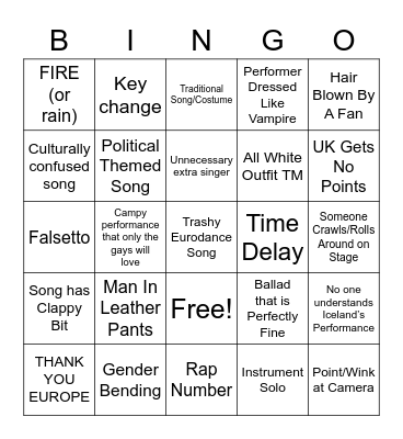 Eurovision 2023 Bingo Card