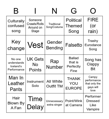 Eurovision 2023 Bingo Card