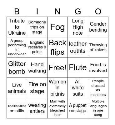 EuroVision 2023 Bingo Card